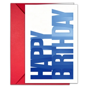 Detailed view of white Happy Birthday card with gradient blue text and red envelope