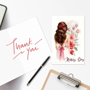 Watercolor Mother's Day greeting card set with floral illustration and Thank You note