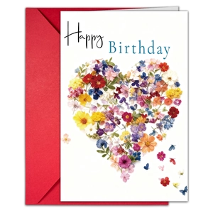 Floral heart birthday card featuring colorful flowers with a matching red envelope