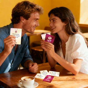 Primer plano de tarjetas de conversación romántica Love Sparks para parejas en café