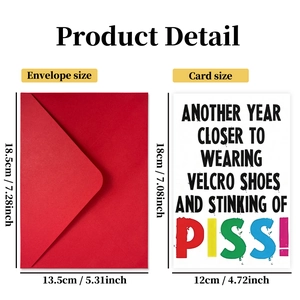 Humorous birthday card with red envelope set, featuring funny English typography and text