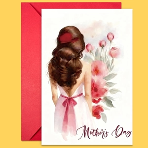 Detailed top view of a Mother's Day card with watercolor illustration and red envelope
