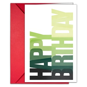 Detail of Happy Birthday card with green gradient text and a bright red envelope