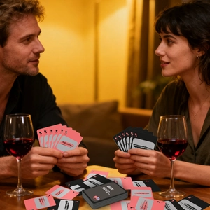 Dettaglio di carte interattive per coppie con sfondo romantico e istruzioni di gioco