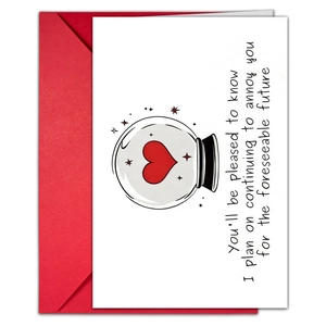 Humorous white greeting card with heart crystal ball illustration and red envelope