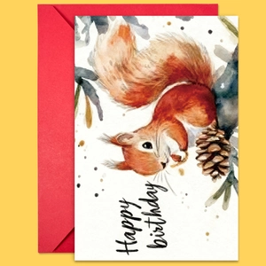 Dettaglio del biglietto di auguri con acquerello di scoiattolo e busta rossa