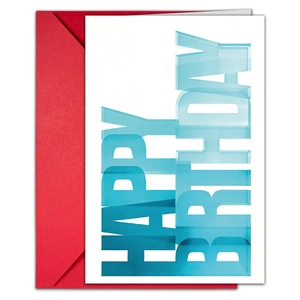 Detail of white Happy Birthday card with 3D gradient text and red envelope