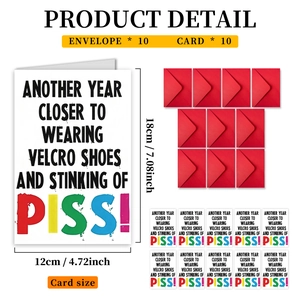 Set of 10 funny birthday cards with red envelopes and clear size measurements