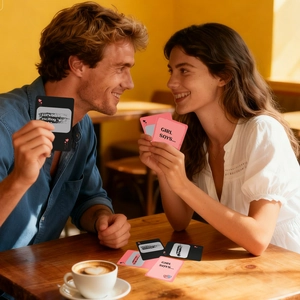 Primo piano di una coppia che gioca a carte interattive gratta e vinci in un caffè accogliente