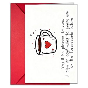 Detail of white humorous greeting card with red envelope and coffee mug illustration