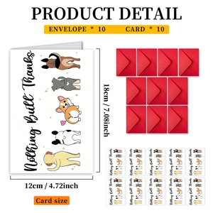 Detail view of 10 pack dog illustration thank you cards with red envelopes 12x18cm