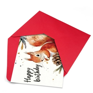 Set di biglietti d'auguri acquerello con scoiattolo, busta rossa e biglietto bianco elegante