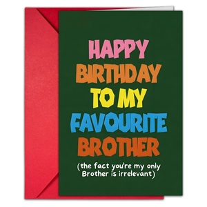 Macro view of a humorous birthday card for brother with vibrant font and red envelope