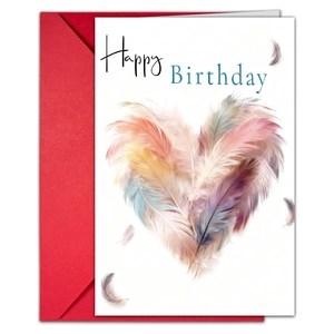 Close-up of birthday card with colorful feather heart design and red envelope