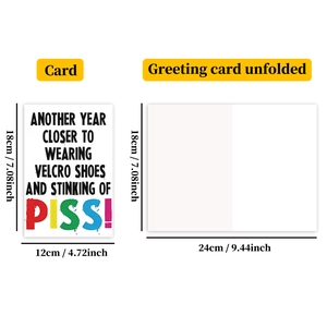 Funny birthday card detailed view showing 12x18cm closed and 24x18cm open dimensions