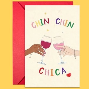 Nahaufnahme einer illustrierten Grußkarte mit Chin Chin Text und rotem Umschlag