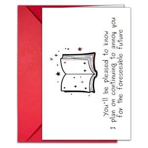 Humorous white greeting card with book illustration and a bright red envelope set