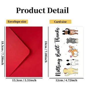 Cartoon dog illustration thank you card and red envelope set with size specifications