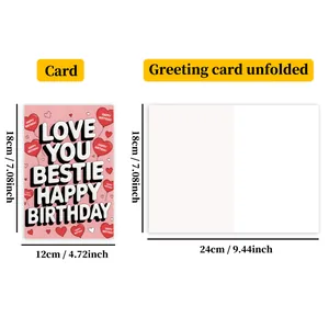 Specifiche dimensionali del biglietto d'auguri rosa Happy Birthday in vista piegata e aperta