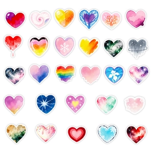 Collection of 56 watercolor heart stickers for decorative phone cases and laptops