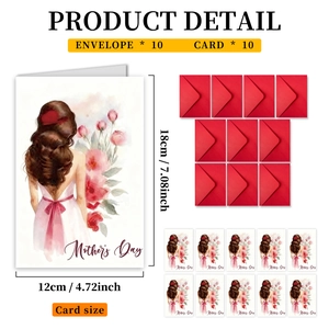 Detail showing dimensions and 10-piece watercolor Mother's Day card set with red envelopes