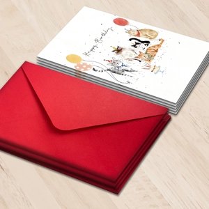 Set di biglietti d'auguri con illustrazione di gatto e busta rossa vivace