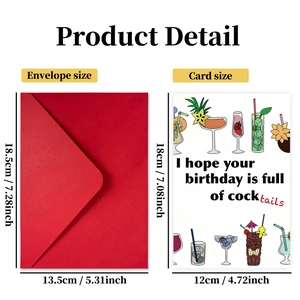 Grappige verjaardagskaart set met cocktail illustratie en rode envelop voor vieringen