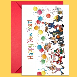 Détail d'une carte de Nouvel An avec motifs de dessins animés et enveloppe rouge