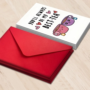 Funny Best-Tea greeting cards with red envelopes on wood background for friends