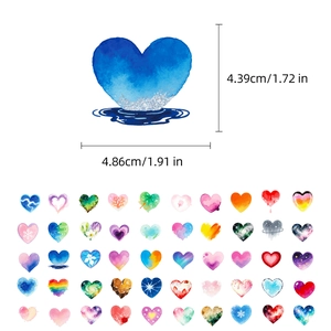 Detailed view of 50 watercolor heart stickers with dimensions of 4.86cm x 4.39cm for decoration