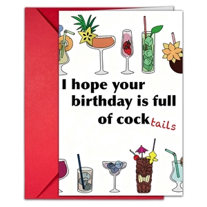 Grappige verjaardagskaart met kleurrijke cocktailtekeningen en een rode envelopset