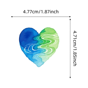 Detailed dimension view of watercolor heart sticker measuring 4.77cm width and 4.71cm height