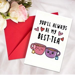 Funny greeting card with cartoon tea cups illustration and red envelope for friends