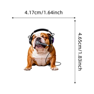 Realistic bulldog sticker with headphones and microphone showing dimensions 1.64x1.83 inch