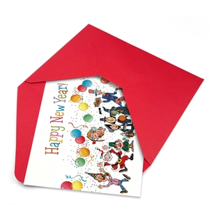 Set de cartes de vœux Nouvel An avec illustrations cartoon et enveloppe rouge sur fond blanc