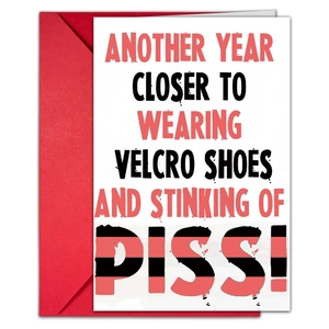 Funny birthday card with humorous text and a bright red envelope for creative gifting