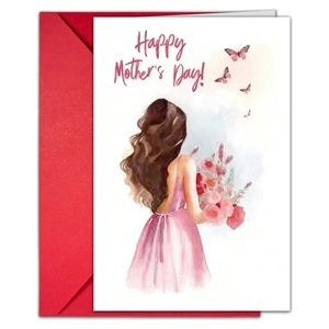 Macro detail of watercolor Mother's Day greeting card with red envelope and floral art