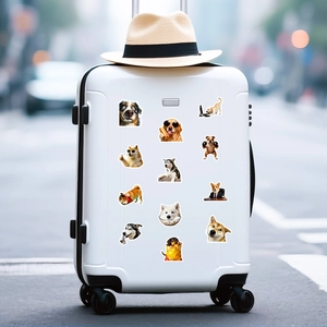 Funny realistic dog stickers decorated on a white suitcase in a sunny travel scene