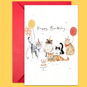 Dettaglio del set di biglietti d'auguri con gatti ad acquerello e busta rossa