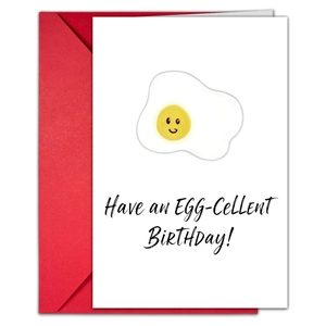 Funny fried egg birthday card with red envelope and Egg-Cellent Birthday pun text
