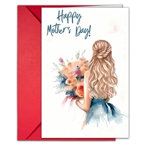 Detailed view of Happy Mother's Day watercolor card with woman and flower bouquet art