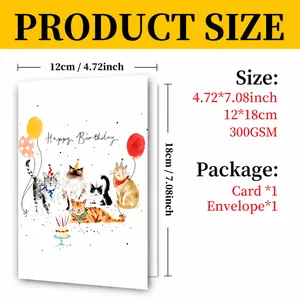 Watercolor cat happy birthday card with envelope 300GSM paper measuring 12x18cm