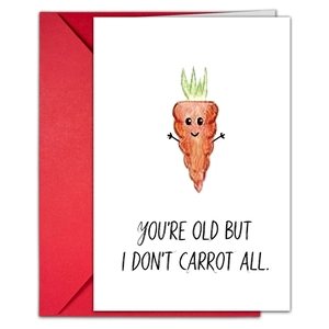 Funny birthday card with watercolor carrot illustration and humor pun text with red envelope
