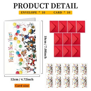 Lot de 10 grandes cartes de Nouvel An 12x18cm avec enveloppes et motifs cartoons