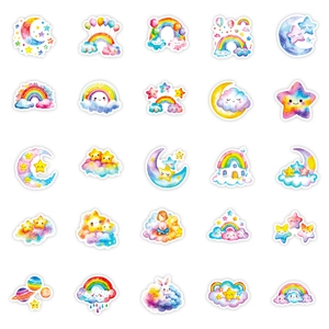 Set of 25 watercolor cartoon stickers with rainbow, stars, and cute moon for kids DIY