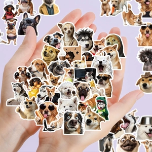 Close-up of waterproof dog meme stickers featuring funny Corgi and Shiba Inu designs