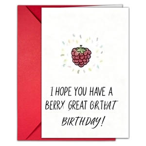 Detail of funny birthday card with berry illustration and red envelope gift set