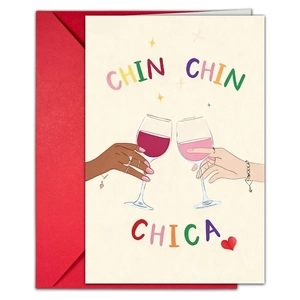 Grußkarten-Set für Paare mit rotem Umschlag und handgezeichneter Chin-Chin-Illustration