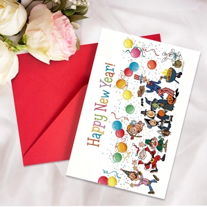 Détail d'une carte de voeux Nouvel An avec personnages cartoon et enveloppe rouge