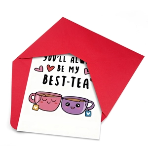 Funny 'Best-Tea' greeting card with cute teacups illustration and a red envelope set